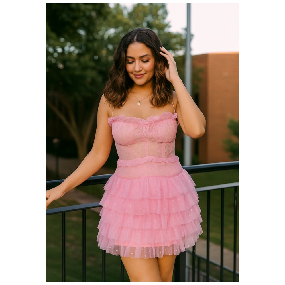 For Love & Lemons Jules Corset Ruffle Tulle Mini Dress Pink Small NWT Party Cute